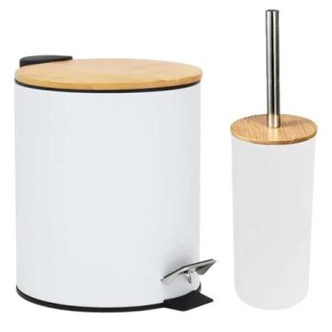 Imagem de Lixeira Com Pedal Redonda Escova Metal Tampa Bambu 3L Branca - MEK