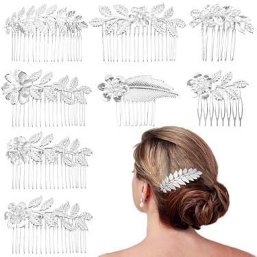 Imagem de Pacote com 8 pentes laterais de cabelo de folha para mulheres e meninas, grampos decorativos de metal para noivas, pente de cabelo torcido francês para acessórios de cabelo de casamento (prata)