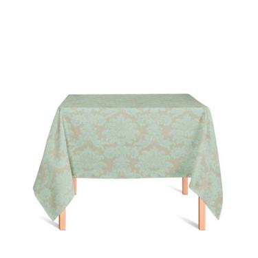 Imagem de Toalha de Mesa Quadrada em Tecido Jacquard Dourado e Turquesa Medalhão