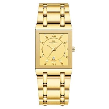 Imagem de YingHwa Relógio de pulso masculino, mostrador quadrado, relógio de negócios moderno, relógio masculino de quartzo, à prova d'água, mostrador de calendário, relógio de aço inoxidável, Dourado, Clássico