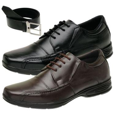 Imagem de Sapato Masculino Casual Sport Cadarço De Amarrar Couro Kit 2 par + Cin