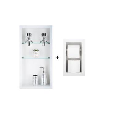 Imagem de Nicho Em Porcelanato Com Prateleira De Vidro Para Banheiro E Porta Pap