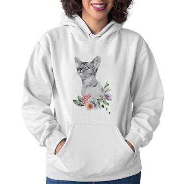 Imagem de Moletom Feminino Gato e Flores - Foca na Moda, Branco, M