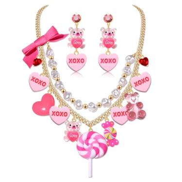 Imagem de Conjunto de joias de Dia dos Namorados Engraçado Rosa XOXO Coração Pirulito Gummy Bear Pingente em Camadas Conjunto de Brincos Pendentes Dia dos Namorados Presentes de Aniversário Data Festa Joias,