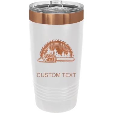 Imagem de Motosserra para cuidados com o gramado, copo de aço inoxidável personalizado gravado a laser 590 ml café de viagem branco/ouro rosa banhado a íon parede dupla carro caminhão anel caneca