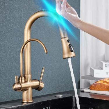 Imagem de Filtro de sensor de toque Torneira de cozinha Torneira de cozinha de latão com água pura Torneira misturadora retrátil Girar guindaste de água quente e fria Modo 2 vias, latão antigo B