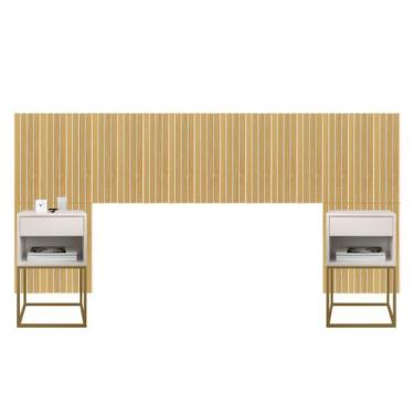 Imagem de Cabeceira Casal Queen e King Adesiva Ripado Com 2 Mesas de Cabeceira S