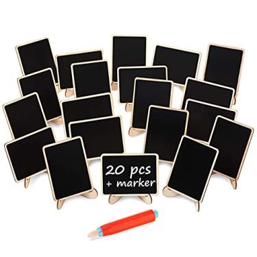Imagem de Mini quadro-negro, pacote com 21 etiquetas pequenas de quadro-negro emolduradas com suporte de cavalete, quadro negro de madeira para números de mesa, placas de alimentos, placas de casamento, quadro de mensagens, cartões de lugar e decorações de evento