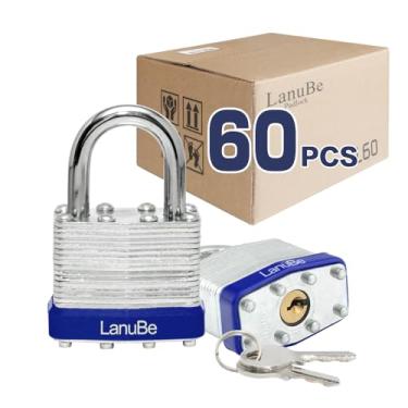 Imagem de LanuBe Cadeado laminado com chave (1-9/16", 40 mm), fechaduras similares com chave, manilha normal, aro de plástico azul marcado, pacote de 60..