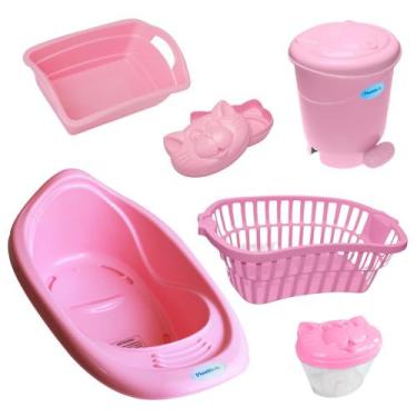 Imagem de Kit banho bebe banheira + cesto lixeira saboneteira e outros rosa - LE