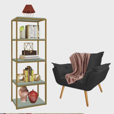 Imagem de Kit Poltrona Fatte com Manta Soft Salmão e Estante Livreiro Ferro Dourado mdf Verde Oliva Suede Preto - Ahazzo Móveis