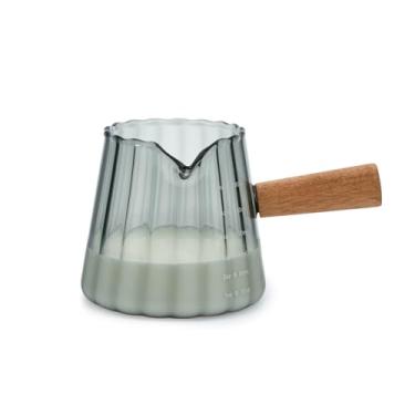 Imagem de Denovin Copo medidor de vidro, jarra cremosa de 170 g com cabo de madeira, jarra criativa para espumar leite (cinza)