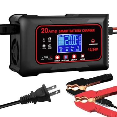 Imagem de Carregador de bateria de 20 A, carregador de bateria automotivo inteligente de lítio LiFePo4 12V 20A e 24V 10A, mantenedor portátil de bateria de carro, carregador de gotejamento para carro