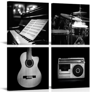 Imagem de SkenoArt Arte de parede de música preto e branco impressões de imagem de instrumento musical decoração de parede guitarra piano tambor vídeo arte de parede para sala de estar quarto estúdio de