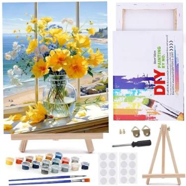 Imagem de MaiMMaledy Kit de pintura por números para adultos iniciantes imagens em tela com desenho emoldurado pigmento acrílico com cavalete de madeira triângulo janela flor 20x30 cm C cm