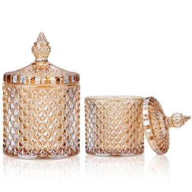 Imagem de FHDUSRYO 2 peças de pote facetado de diamante de cristal com tampa, açucareiro de vidro, potes decorativos de doces, prato de doces de diamante, barril de biscoito de lata de biscoito de cristal