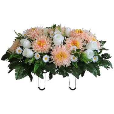 Imagem de Flores de sepultura para cemitério flores artificiais cemitério realista com sela de seda crisântemo 64 x 47 cm memorial decorativo, champanhe, para