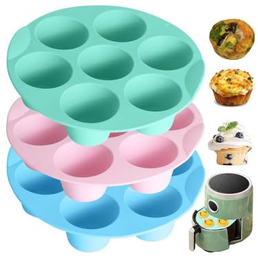 Imagem de LGQUK Moldes de silicone para mordida de ovo, pacote com 3 formas de muffin de silicone para fritadeira a ar, antiaderente, 7 xícaras, frigideira a ar para assar mordidas de ovo, cupcake, torta, pão