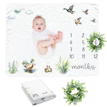 Imagem de TrinhGuo Manta mensal para bebês com guirlanda de pato-real - Coisas de flanela de pato-real para bebês, envoltório verde para recém-nascido, cobertor de marco mensal para meninos e meninas (100 cm x