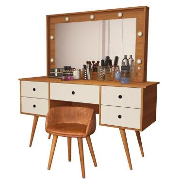 Imagem de Penteadeira Camarim Com Espelho Led 5 Gavetas Banqueta Inclusa Courino Pé Madeira Nature/off White