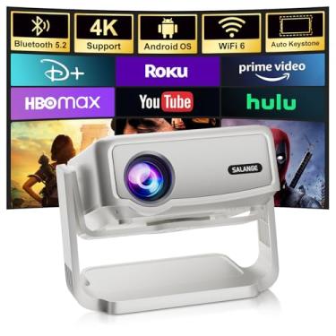Imagem de Salange Projetor Inteligente Com Aplicativos Integrados - Foco Elétrico, Correção Automática De Distorção Trapezoidal, Android 4K Wi-Fi Bluetooth, Miniprojetores Filmes Portáteis Ajustáveis Em 360°