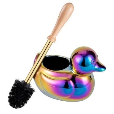 Imagem de Conjunto de escova e suporte de vaso sanitário de cerâmica com base de pato - multicolorido, organizador de escova de banheiro independente, kit de limpeza de tigela de 19 cm para economia de espaço