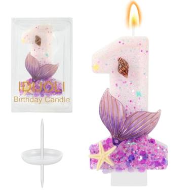 Imagem de IDIJOLI Velas roxas número 1, sereia, aniversário, enfeite de bolo de 1º aniversário, decorações de cupcake para meninas e mulheres, decoração de festa, aniversário, celebrações, suprimentos