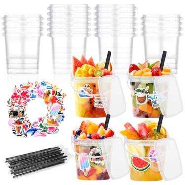 Imagem de 30 baldes de bebida com tampas e canudos 946 ml Rum quadrado plástico transparente café limonada copos de coquetel com tampa 50 adesivos de verão para festa de piquenique na piscina