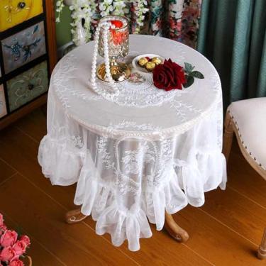 Imagem de Toalha de mesa de centro vintage de renda branca transparente, toalha de mesa quadrada bordada com babados, estilo country francês, elegante, chique para sala de estar, banquete de casamento, 109 x