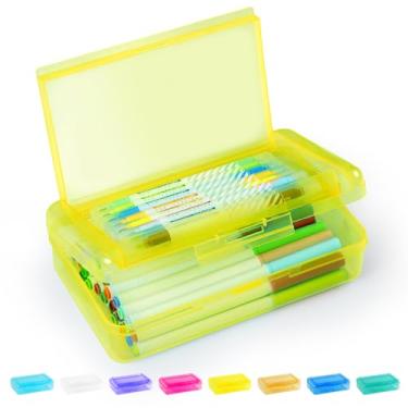 Imagem de Sooez Caixa de lápis de camada dupla, organizador grande de estojo rígido, caixa de giz de cera de plástico transparente para meninas e meninos, organizador de marcadores coloridos, pequenos