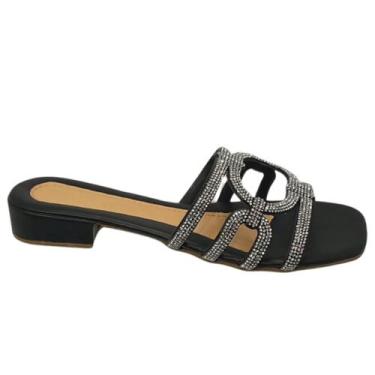 Imagem de Sandália Feminina Rasteirinha Bloco Salto Baixo Tira Strass Pedraria E