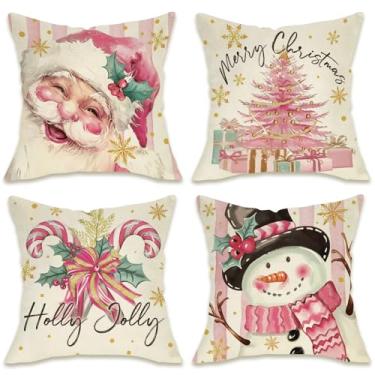 Imagem de Fahrendom Merry Christmas Tree Capas de almofada decorativas rosa 45,7 x 45,7 cm, conjunto com 4, Papai Noel, boneco de neve, bengala doce, varanda para área externa, capa de almofada de sofá de