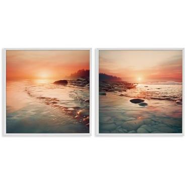 Imagem de Stupell Industries Conjunto de arte giclée emoldurado branco com melodias quentes do pôr do sol 2 peças por Lazar Studio, 12 x 12