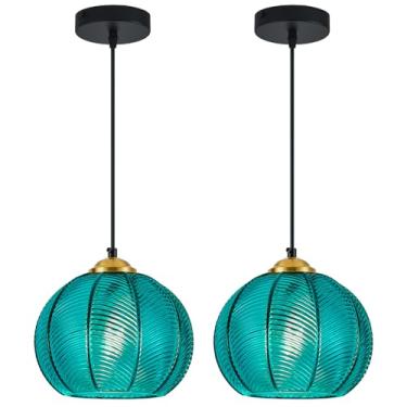 Imagem de LBSQJ Luzes pendentes de vidro azul ciano, ilha da cozinha, pacote com 2 20 cm, globo de vidro soprado à mão, luminárias pendentes modernas para cozinha, ilha, quarto, sala de jantar