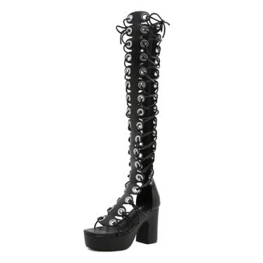 Imagem de STUPMARY Sandália feminina peep toe com recortes cruzados com cadarço e salto alto gladiador com zíper acima do joelho bota verão, Salto grosso preto, 40