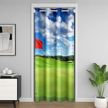 Imagem de Cortina de entrada com estampa de campo de golfe 3D bandeira vermelha verde grama azul céu cortina de porta privacidade para crianças, adolescentes, adultos, decoração de árvores naturais, cortina