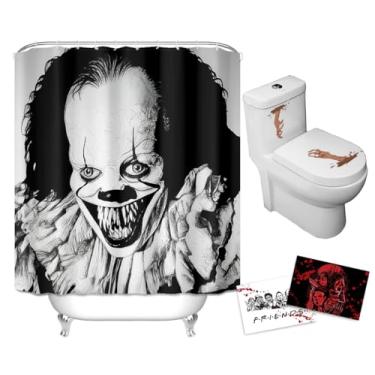 Imagem de VOOCAT Cortina de chuveiro de Halloween – Palhaço pesadelo inspirada no Sinistro Pennywise The IT, decoração de férias temáticas de filme de terror, cortina de banho de poliéster impermeável com 12