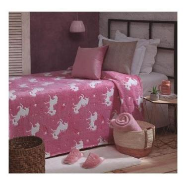 Imagem de Manta Que Brilha No Escuro Unicórnio Cor Rosa 1,50x2,00m Jolitex