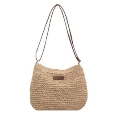 Imagem de Bolsa de Palha Trançada com Alça de Couro, Estilo Praia, Design Casual, Bege Natural