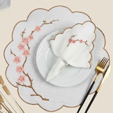Imagem de Kit Jogo Americano Sousplat Bordado Suplat de Mesa Posta Redondo/Retangular e Guardanapos (Cerejeira, Mesa 6 Lugares (12 Peças))
