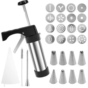 Imagem de XYDHQS Churro Maker, kit de churro de aço inoxidável com saco de confeitar, 16 discos de biscoito e 8 bicos de tubulação, 1 pincel, máquina de prensa de biscoito para decorações de bolos DIY