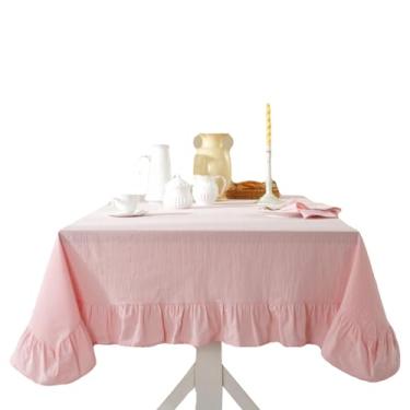 Imagem de apott Toalha de mesa Farmhouse com babados, toalha de mesa de algodão rosa e linho com babados, toalhas de mesa chiques, sobreposição decorativa rústica para cozinha, 139 x 188 cm