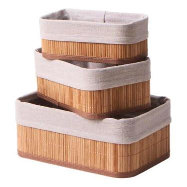 Imagem de Kit 3 Cestos Organizadores Em Bambu Com Forro De Tecido - MOri, Bambu
