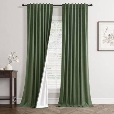 Imagem de Cortinas blackout de linho verde-oliva 226 cm de comprimento, conjunto de 2 painéis para sala de estar, quarto, redução de ruído térmico, 100% preto, cortinas de linho, cortinas de janela escurecendo