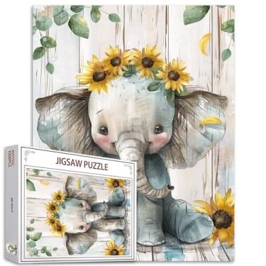 Imagem de Quebra-cabeça de elefante bebê para adultos pintura 1000 peças quebra-cabeça roupas animais girassóis flores quebra-cabeça estilo rústico jogo 68 x 50 polegadas quebra-cabeças para famílias noites de