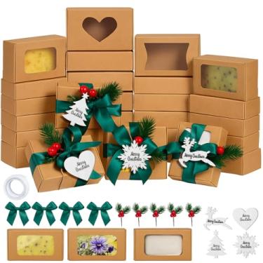 Imagem de Leinuosen Conjunto de 32 caixas de sabão caseiras de 9 x 6 x 3 cm, caixa pequena de papel de sabonete, com janela e etiqueta de madeira de madeira, galhos de árvore de Natal para embalagem caseira de