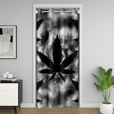 Imagem de Cortina de porta de folhas pretas cinza tie dye redemoinhos grafite cortina de porta privacidade para crianças adolescentes adultos decoração natural plantas da selva cortina moderna cortina cortina