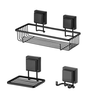 Imagem de Kit lavabo banheiro preto fosco ventosa 03 peças Future porta shampoo, sabonete, cabide