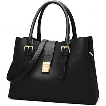 Imagem de Bolsas femininas de couro sintético vegano sintético para trabalho, bolsas médias para laptop com zíper, bolsas de ombro de grande capacidade com alça, Preto, Medium, Bolsa clássica - preta