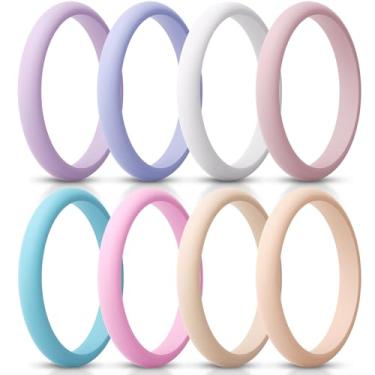 Imagem de ThunderFit Anel feminino fino e empilhável de silicone, alianças de casamento de silicone, 2,5 mm de largura e 2 mm de espessura, pacote variado 1-12, 7.5 - 8 (18.2mm), Silicone, Sem pedra preciosa